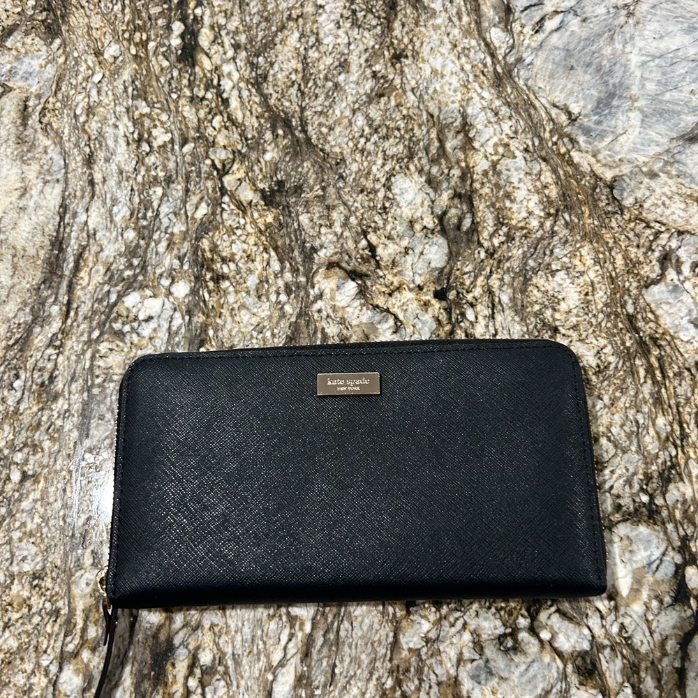 kate spade Black Saffiano Zip-Around Wallet with Gold Logo